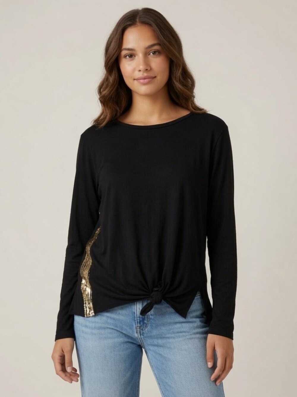 NWT Sundry Knotted Gold Sequin Side long sleeve Jersey tee